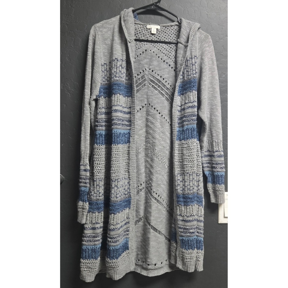 Cato Womens XL Grey Blue Striped Pointelle‎ Knit Longline Hooded Cardigan Duster